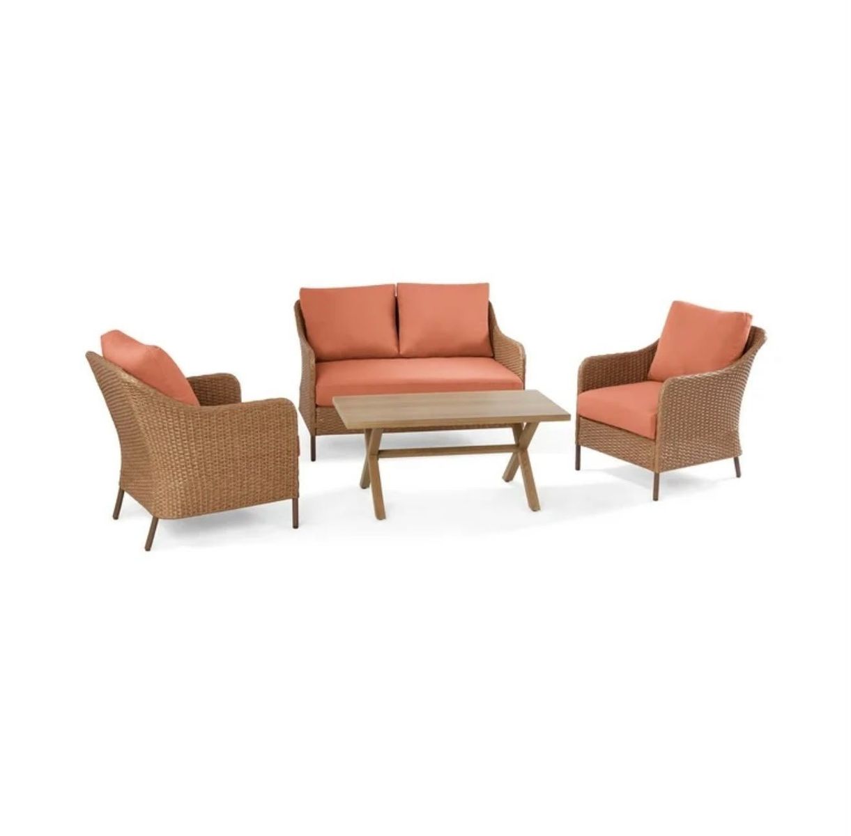 Outdoor Patio Wicker Sofa, 2 Armchairs, & Coffee Table Set - Rust Cushions