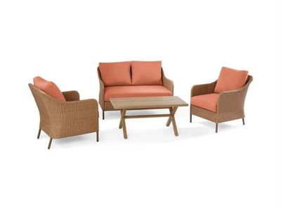 Outdoor Patio Wicker Sofa, 2 Armchairs, & Coffee Table Set - Rust Cushions