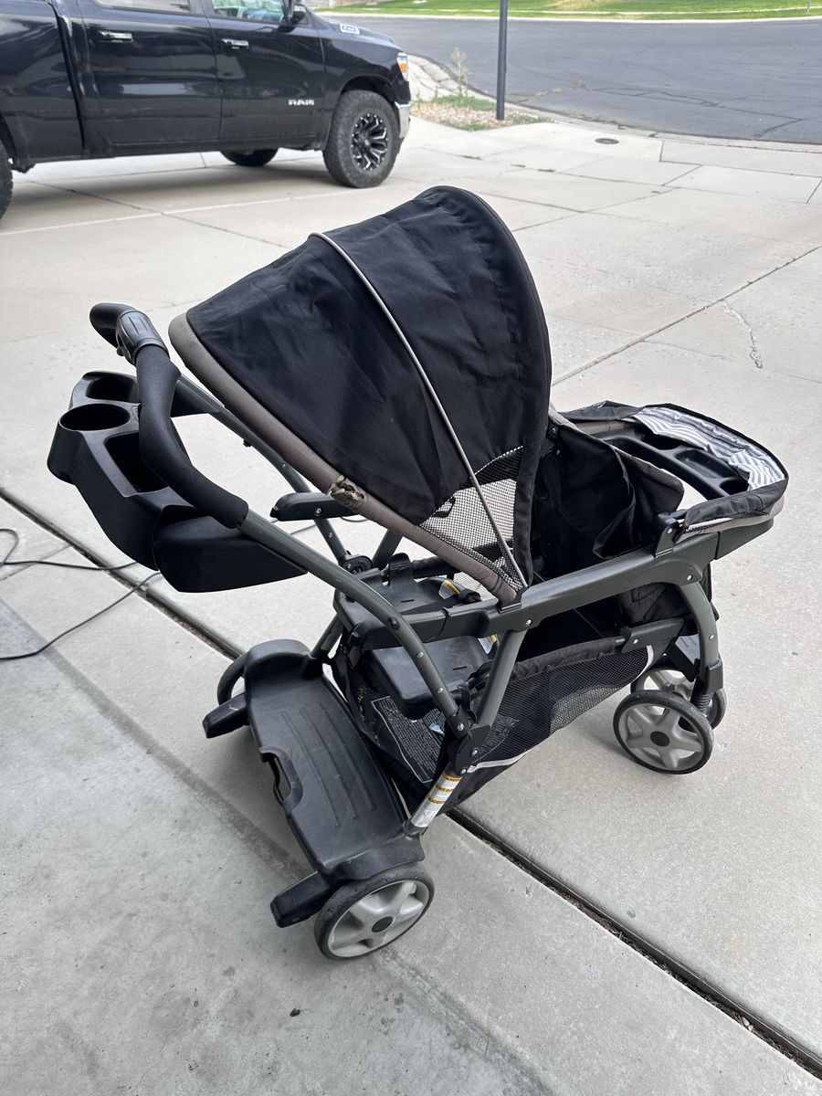 Black Double Stroller - Two Seats, Stand-On Platform, Cupholders