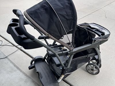 Black Double Stroller - Two Seats, Stand-On Platform, Cupholders