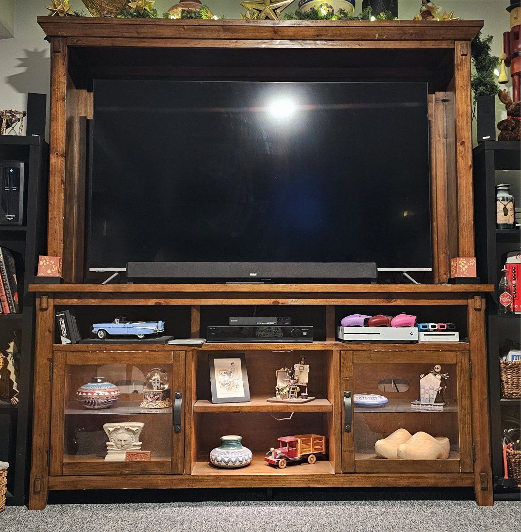 Large Wooden Entertainment Center TV Stand Media Console with Glass Cabinets & Lighting