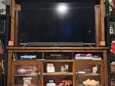 Large Wooden Entertainment Center TV Stand Media Console with Glass Cabinets & Lighting