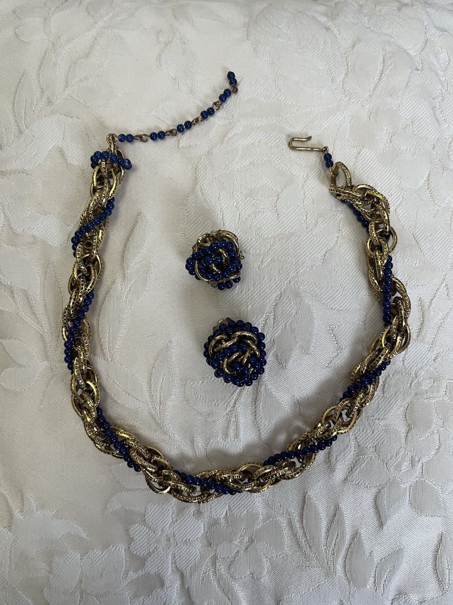 1950's Gold Plated Choker with Intertwined Dark Blue Glass Beads and Earrings-Vintage