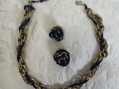 1950's Gold Plated Choker with Intertwined Dark Blue Glass Beads and Earrings-Vintage