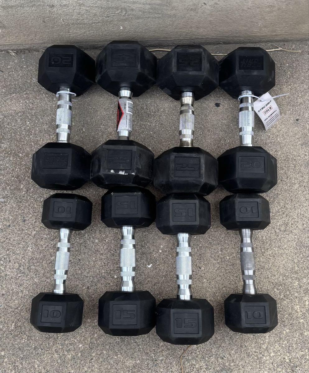 Tru Grit Rubber Hex Dumbbells: 10, 15, 20, 25 lb Pairs - Full Home Gym Weight Set