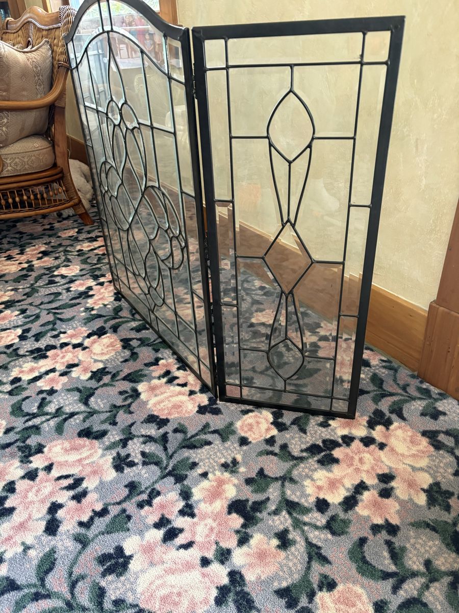 3-Panel Beveled Glass Fireplace Screen with Black Metal Frame