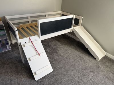 Twin Bed with Slide, Rope Ladder and Chalk Board - Mattress Included!