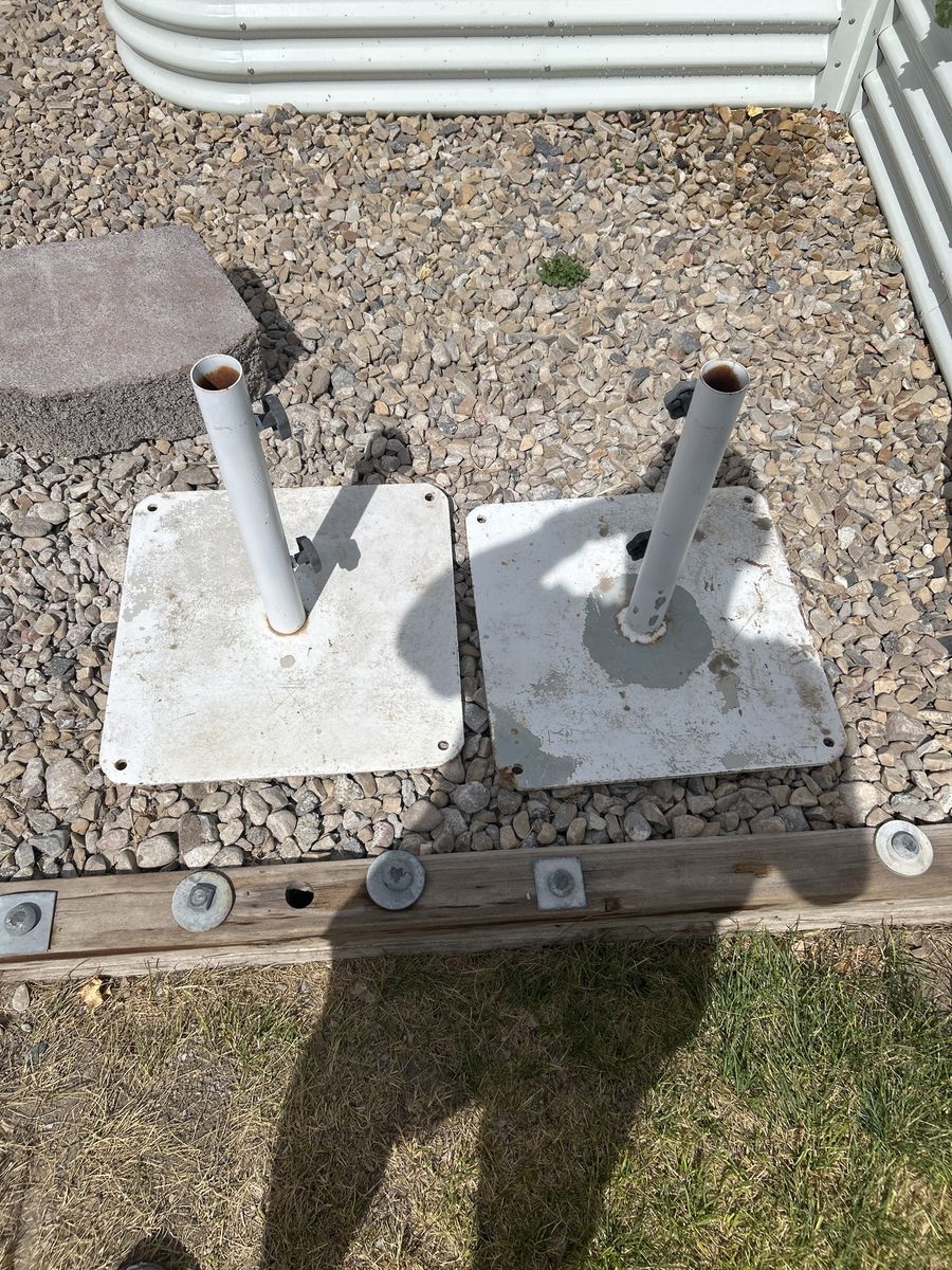 Pair of White Square Patio Umbrella Bases, Heavy-Duty, Weathered Condition