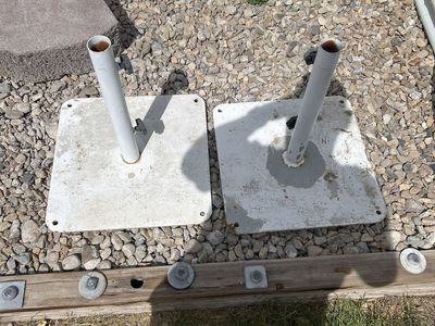 Pair of White Square Patio Umbrella Bases, Heavy-Duty, Weathered Condition