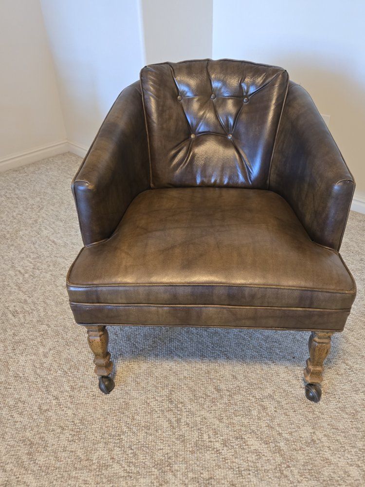 Vintage Brown Tufted Leather Barrel Chair with Caster Wheels - all original