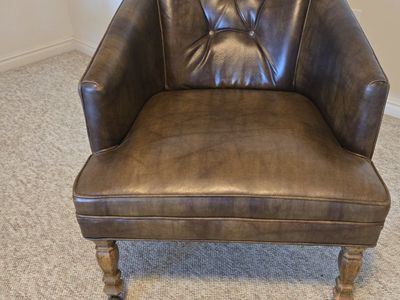 Vintage Brown Tufted Leather Barrel Chair with Caster Wheels - all original