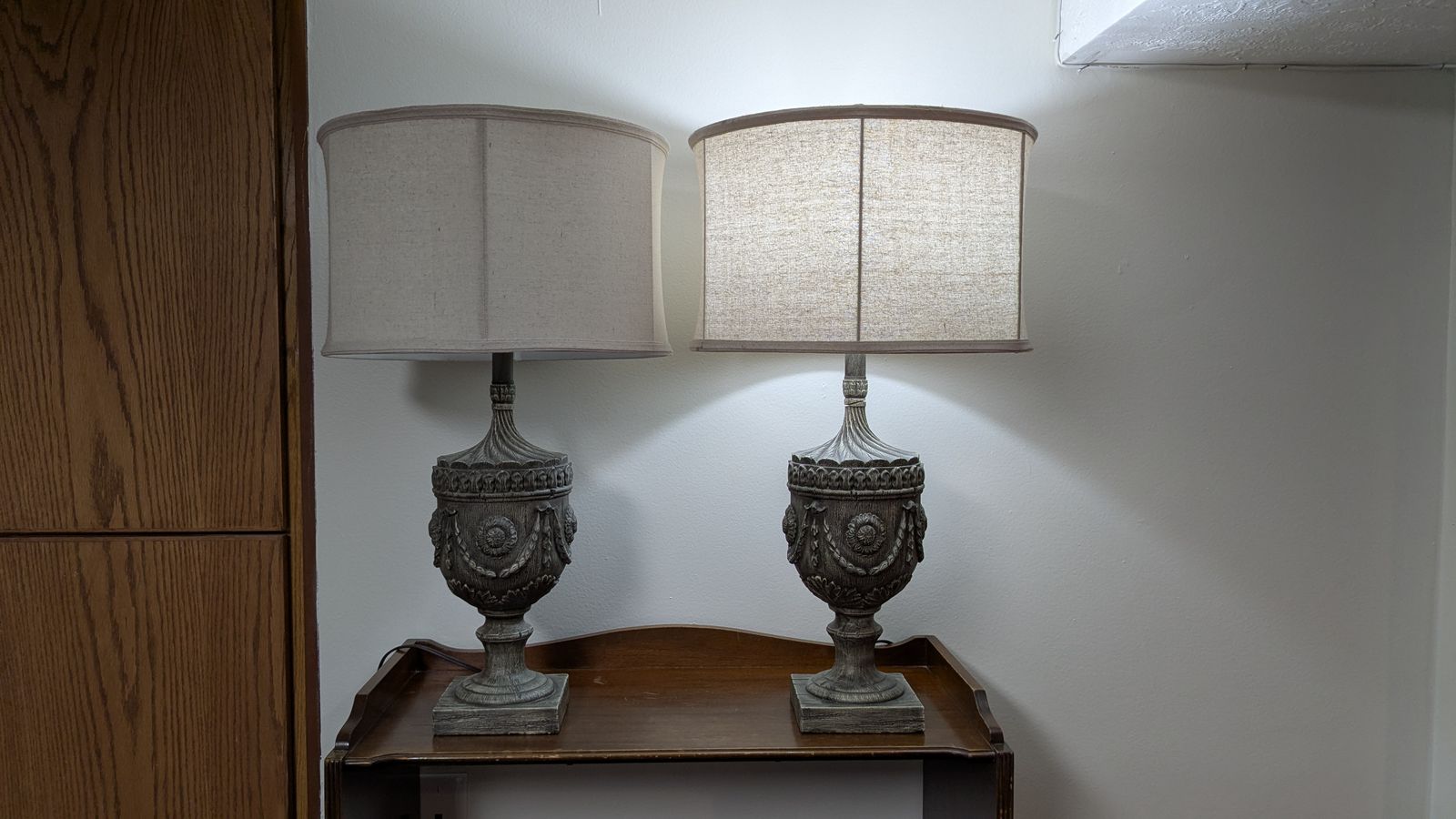 Neoclassical Urn Table Lamp with Distressed Grey Finish and Drum Shade Vintage