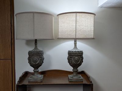 Neoclassical Urn Table Lamp with Distressed Grey Finish and Drum Shade Vintage