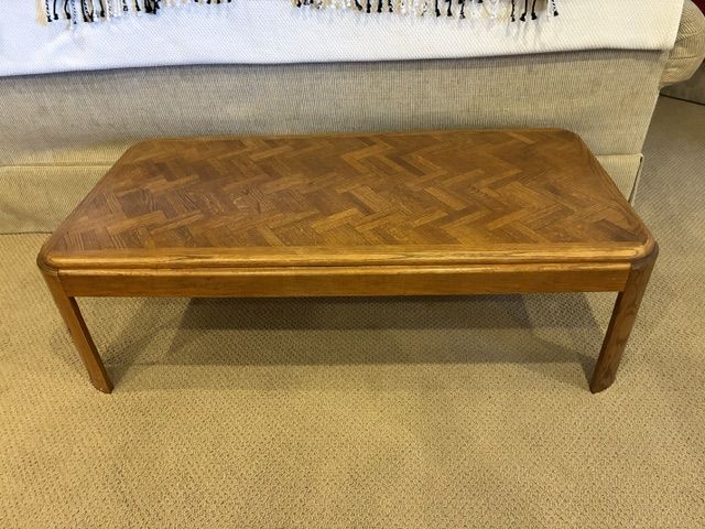 Solid Oak Wood Coffee Table, End Table & Sofa Table - Parquet Top, Very Good Condition