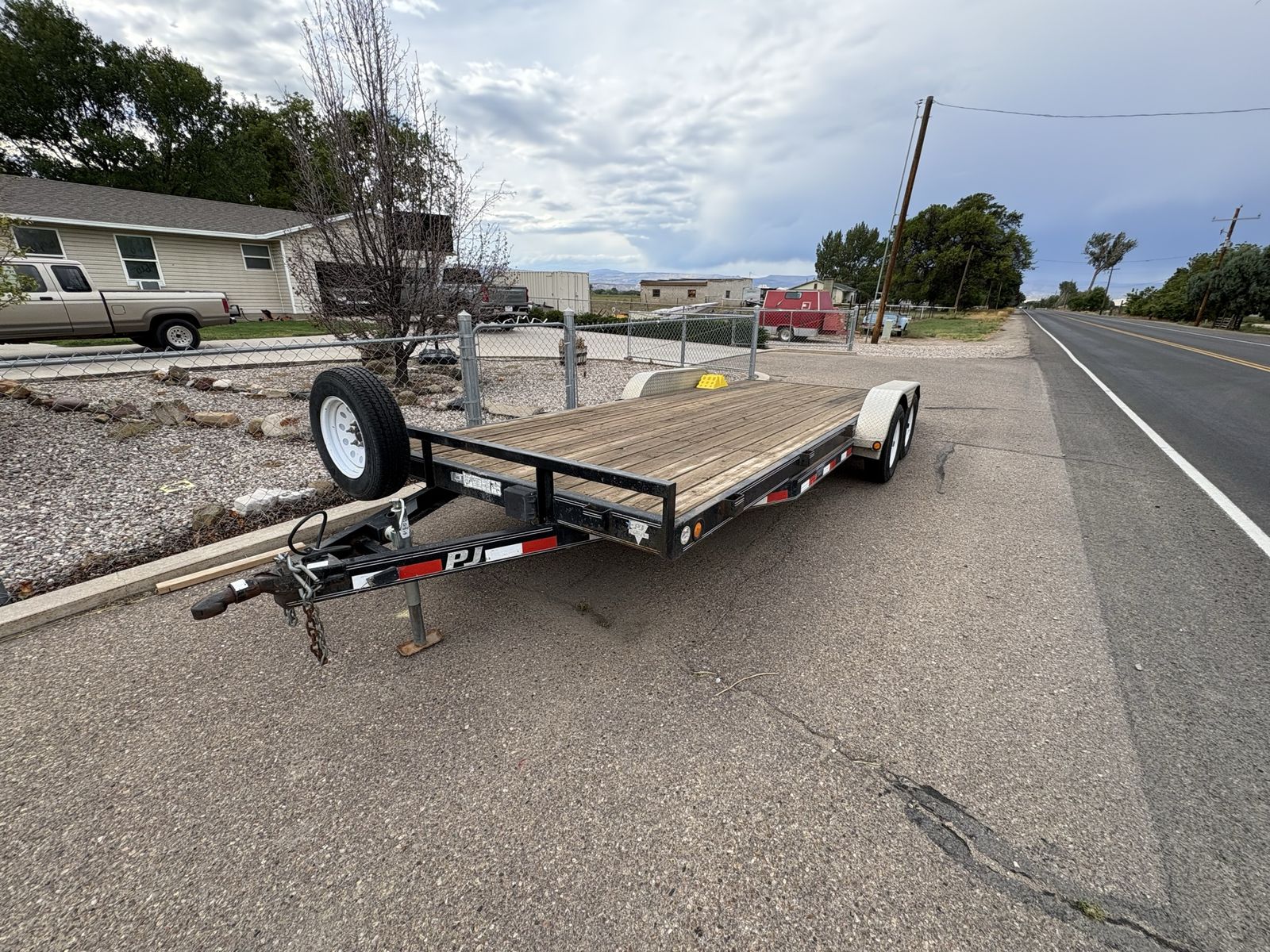 PJ Dual Axle Flatbed Utility Car Hauler Trailer with Wood Deck and Spare Tire
