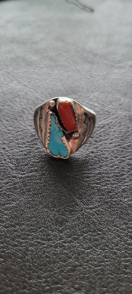 Vintage Sterling Silver Turquoise and Coral Inlay Statement Ring