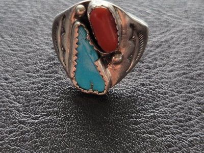 Vintage Sterling Silver Turquoise and Coral Inlay Statement Ring
