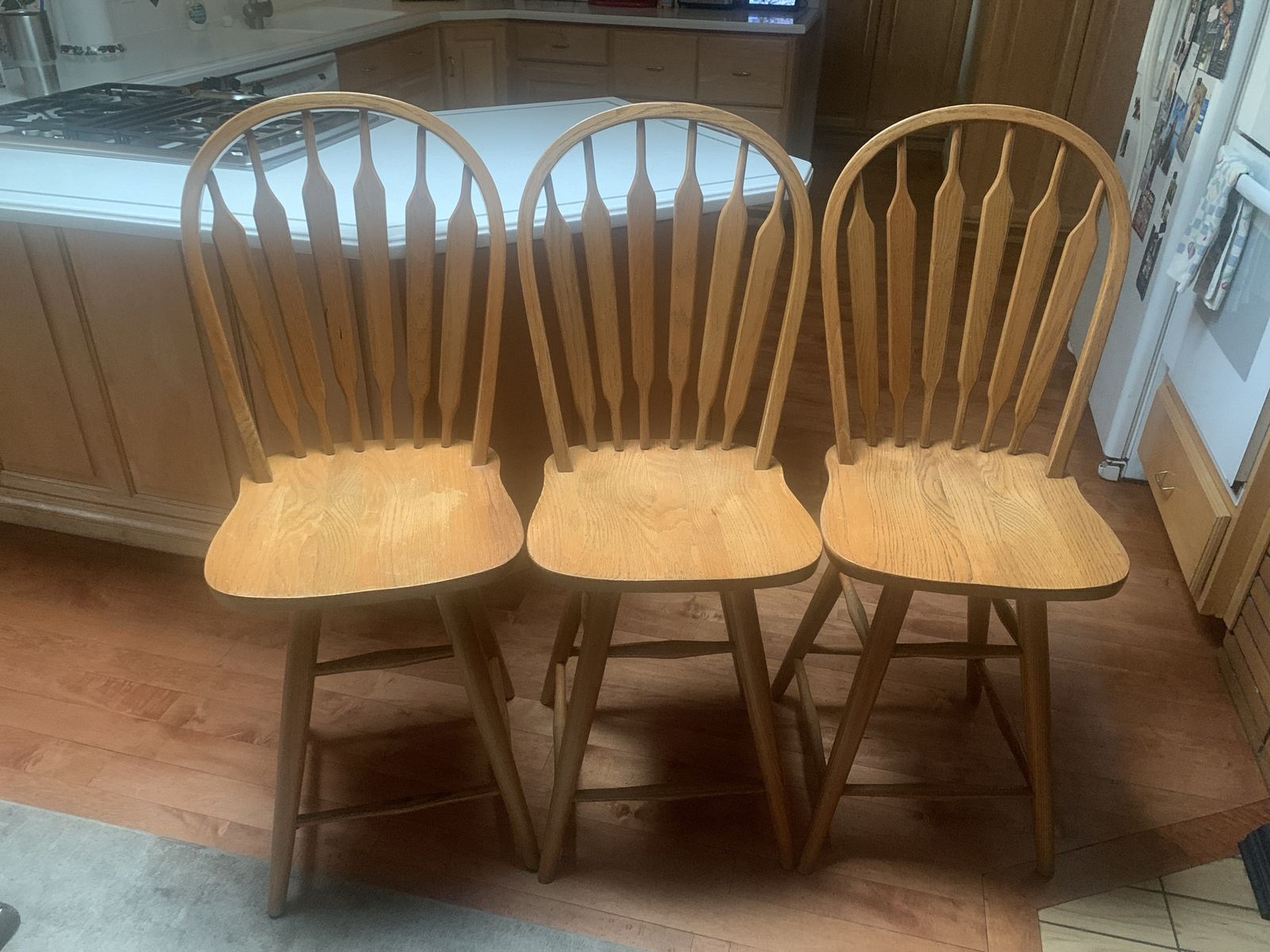 Set of 3 Wood Spindle Back Bar Stools - Light Oak Finish