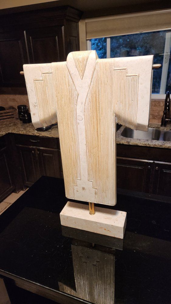 Unique Art Deco Kimono Form Sculpture - White/Tan Textured Stone & Metal Base