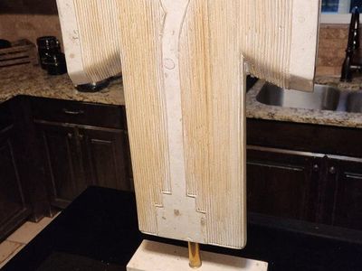 Unique Art Deco Kimono Form Sculpture - White/Tan Textured Stone & Metal Base