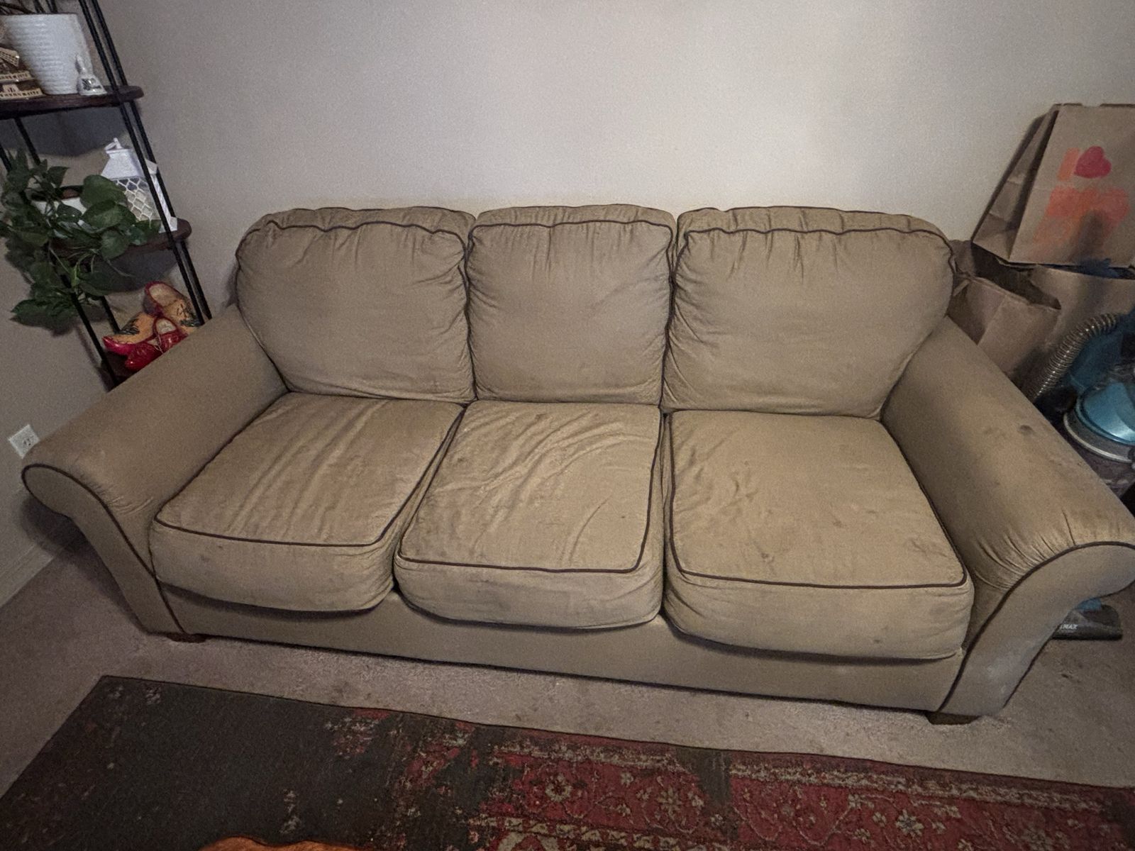 Beige Fabric 3-Cushion Sofa with Dark Piping Accent