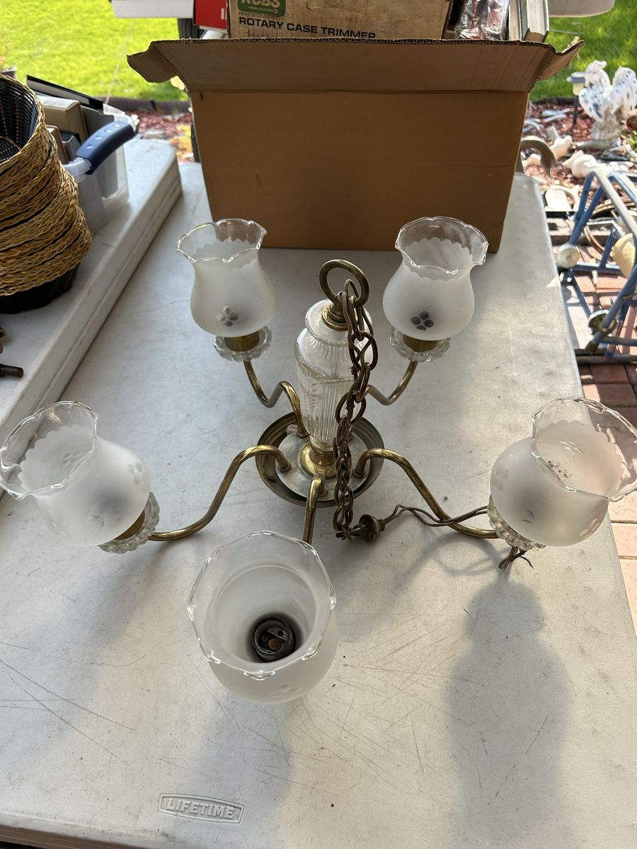 Vintage MCM? Brass Finish 5-Light Chandelier Ceiling Hanging Lamp White Glass Frosted & Etched Shades Hardwired