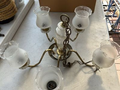 Vintage MCM? Brass Finish 5-Light Chandelier Ceiling Hanging Lamp White Glass Frosted & Etched Shades Hardwired
