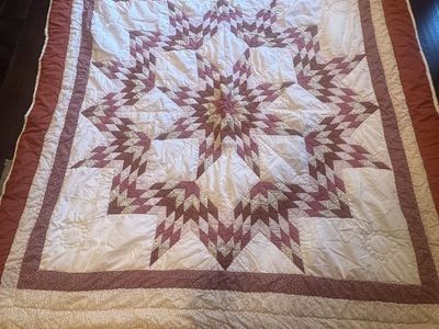 Handmade Quilted Blanket/Throw, Maroon & White Star Pattern, Soft Quilted vintage 78 x 90