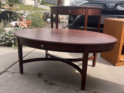 Classic Oval Wooden Coffee Table with Drawer - Elegant Living Room Furniture