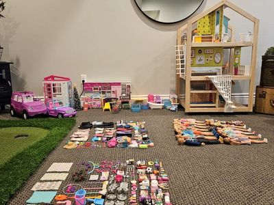 ENTIRE BARBIE LOT: KidKraft Wooden Dollhouse - 3 Story, 9 Rooms, Cars, Dolls, Clothing, Shoes and Accessories