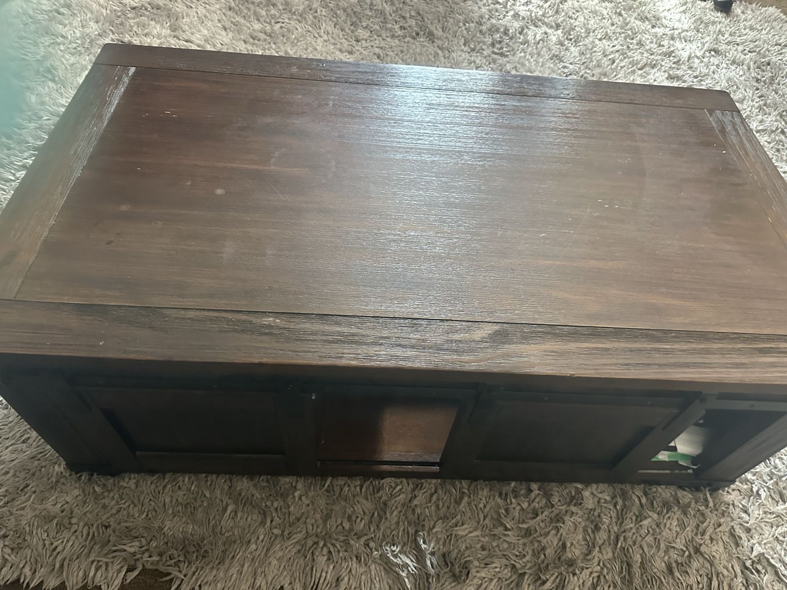 Rustic Farmhouse Coffee Table with Sliding Barn Doors - Dark Wood, Storage
