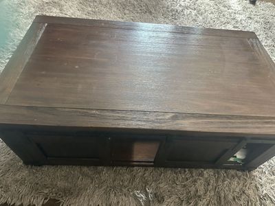 Rustic Farmhouse Coffee Table with Sliding Barn Doors - Dark Wood, Storage