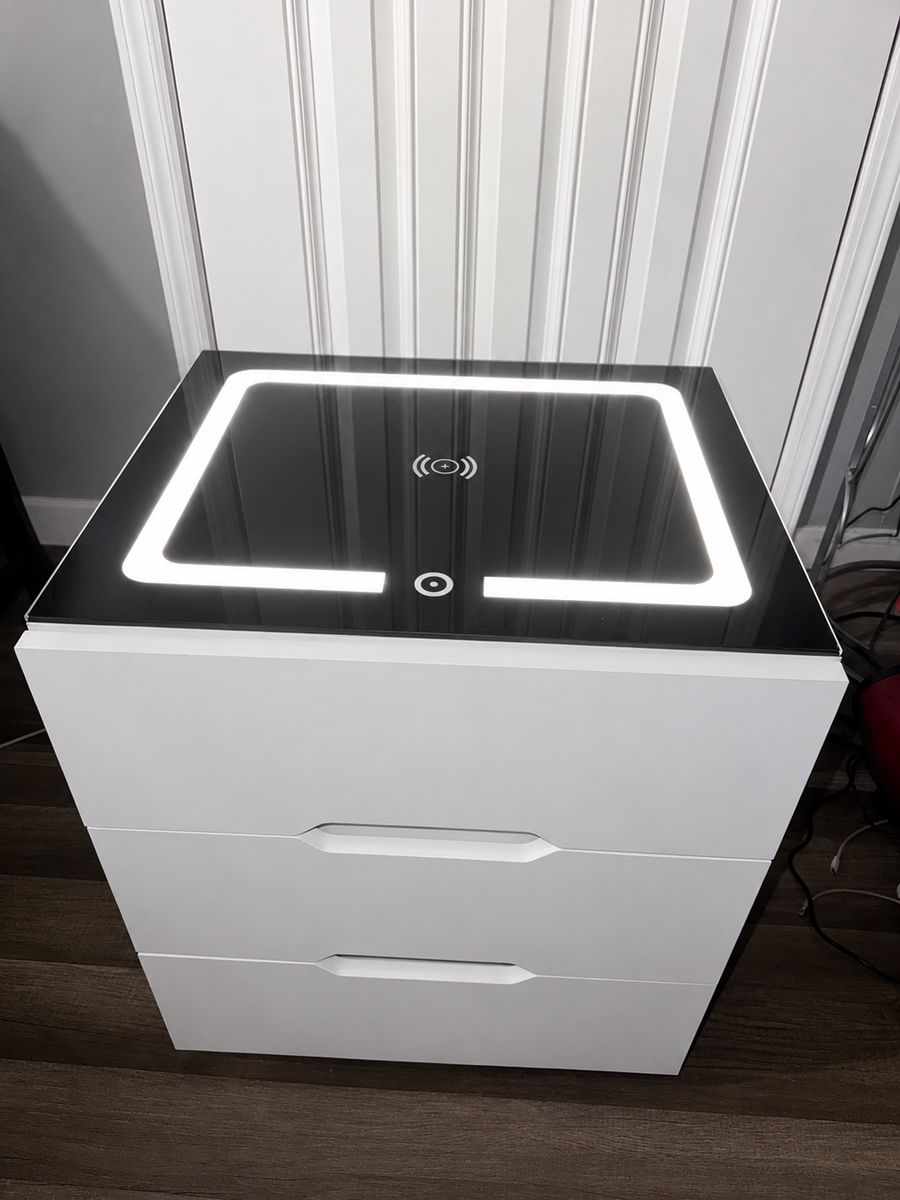 Modern White Nightstand with Wireless Charging & LED Lights, 3 Drawers