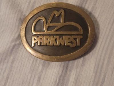 Old Parkwest ski resort. Vintage Park West Brass Belt Buckle Cowboy Hat Western Style Gold Tone.