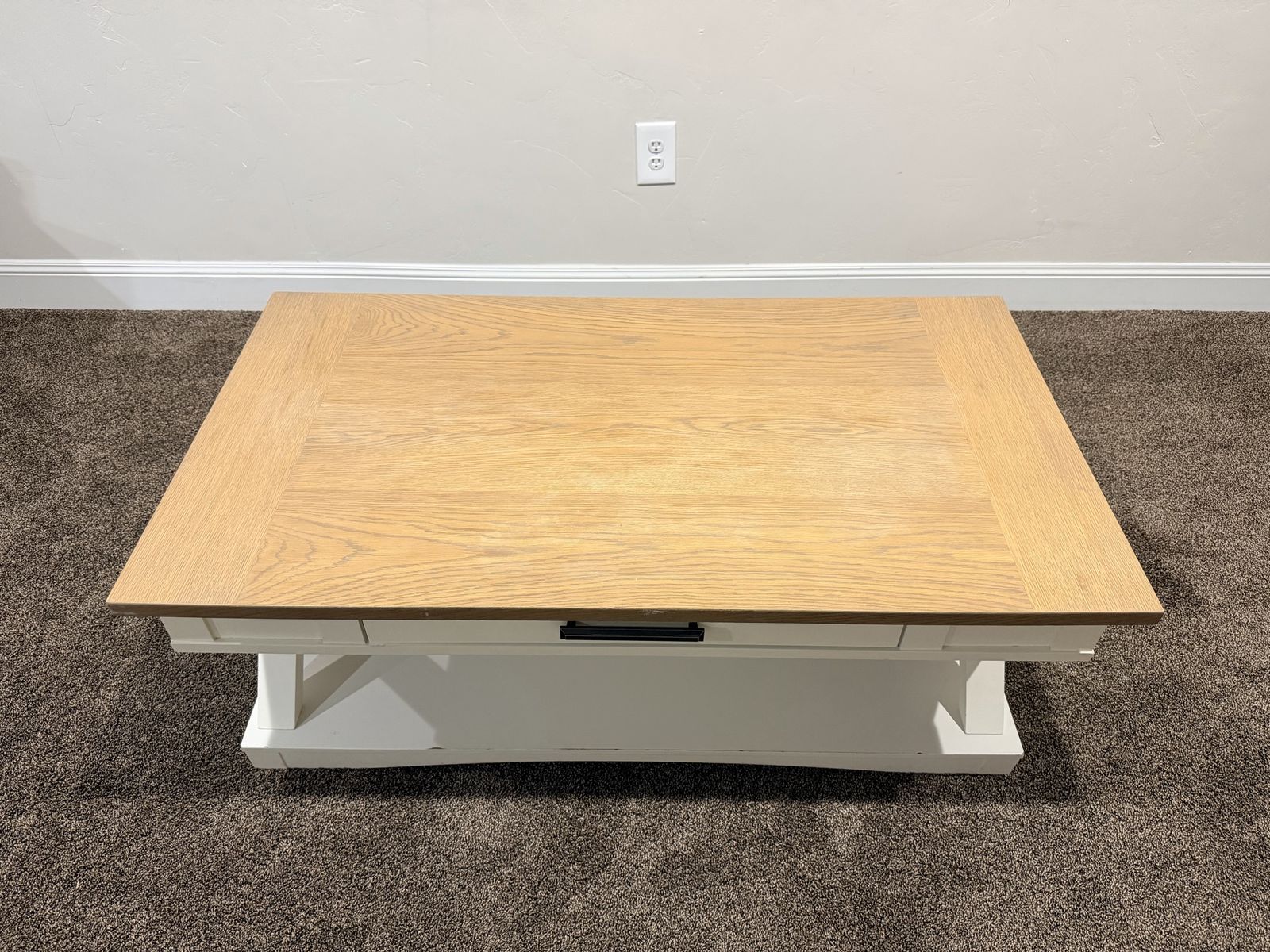 Square Wood Coffee Table with Drawer - Light Wood Top, White Base