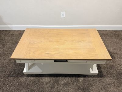 Square Wood Coffee Table with Drawer - Light Wood Top, White Base