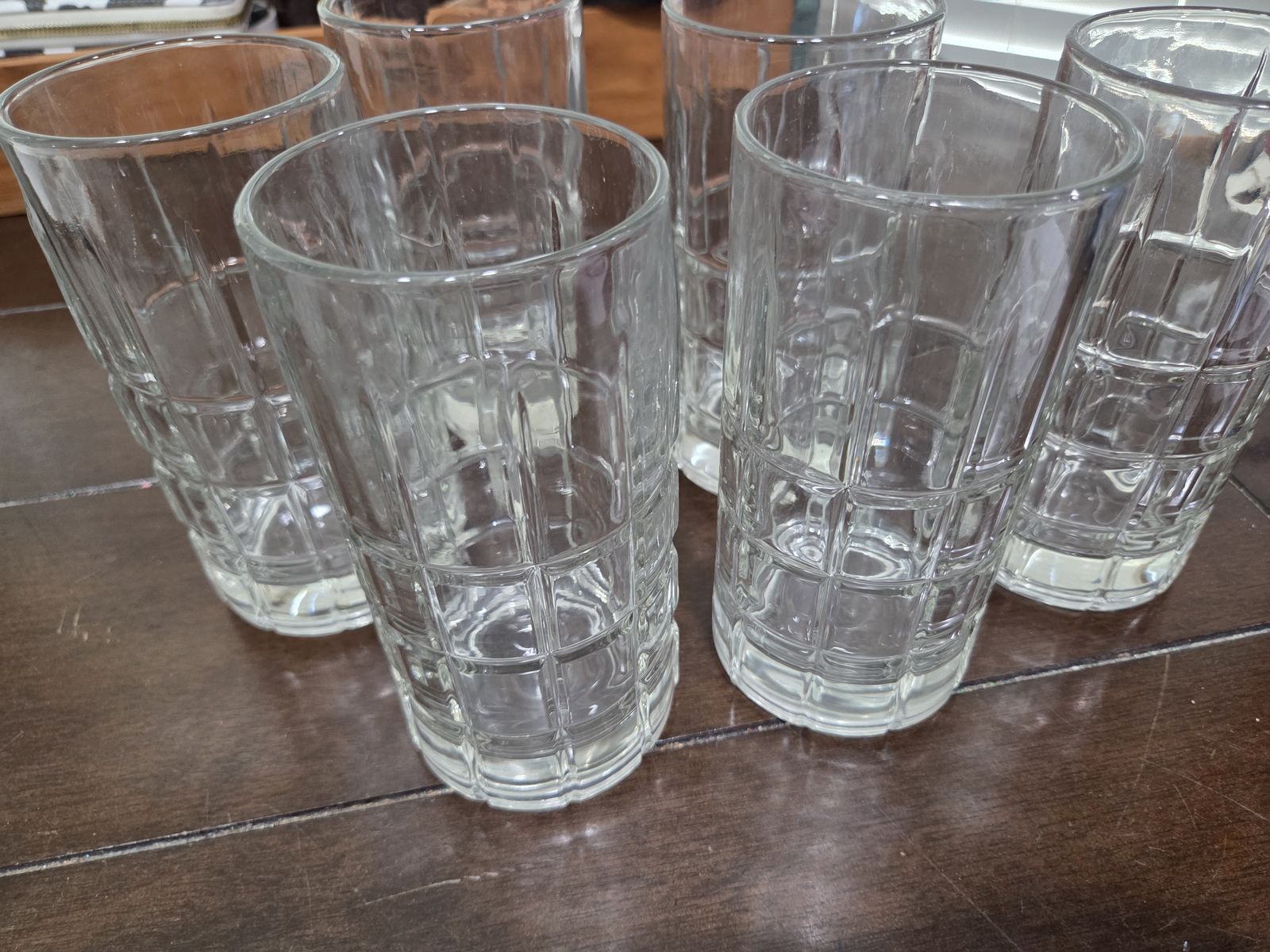 Set of 6 Clear Glass Tall Tumblers Drinking Glasses, Square Pattern Barware