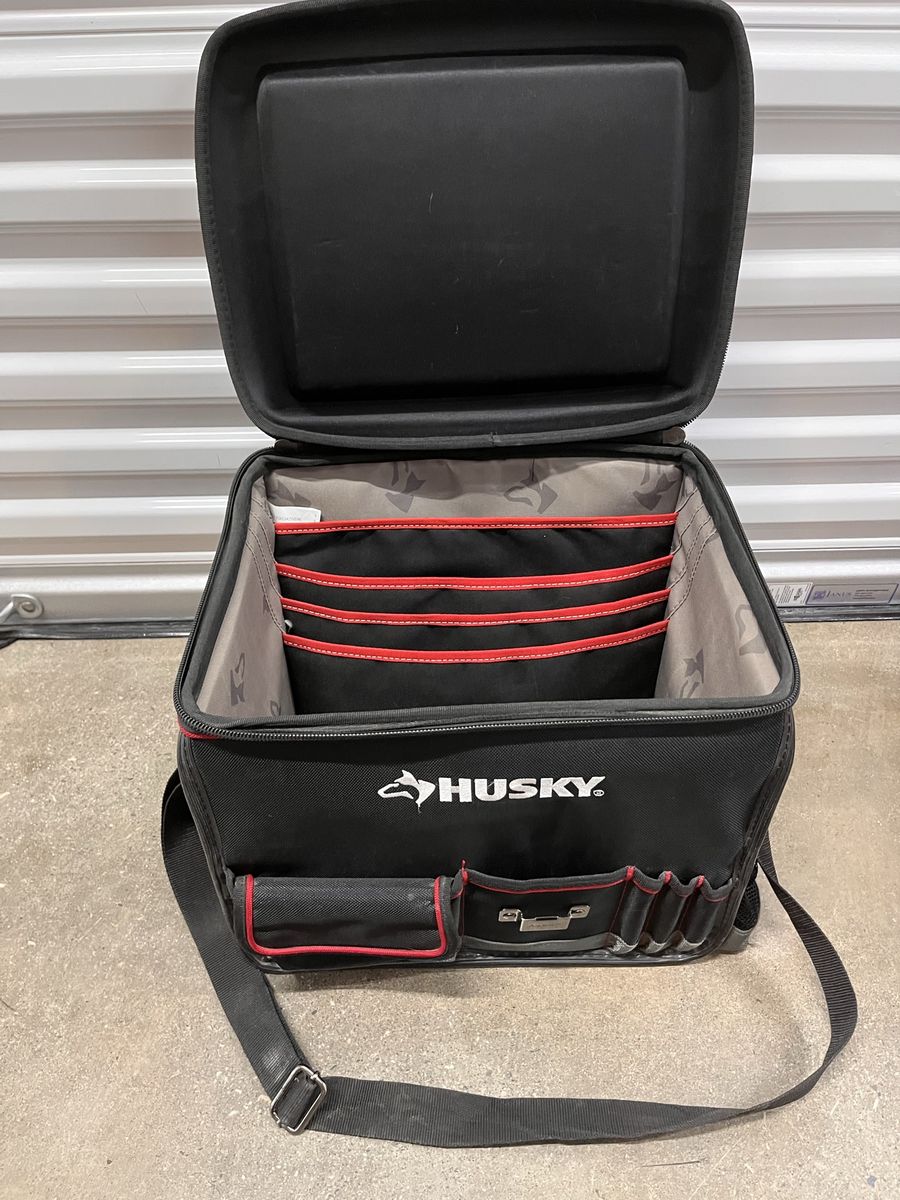 Husky 18-inch Pro Tool Tote with Zipper Top and Shoulder Strap, Black/Red