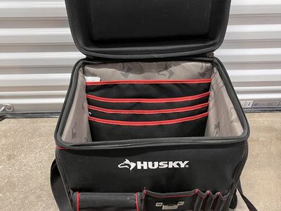 Husky 18-inch Pro Tool Tote with Zipper Top and Shoulder Strap, Black/Red