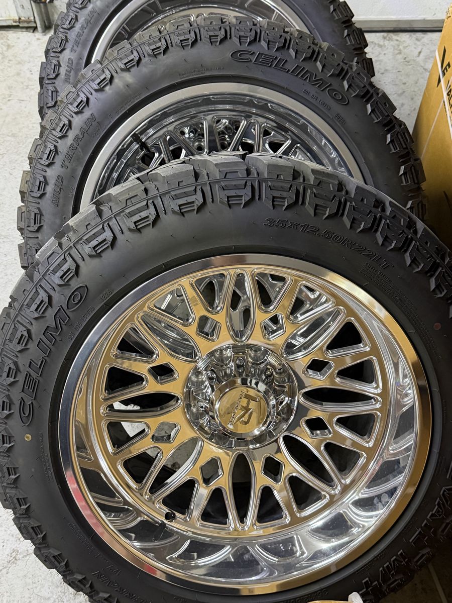 22x12 HardRock H907 Polished Chrome Wheels 35” Prevail MT Tires 8x170 -51 Offset Ford f250 f350