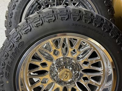 22x12 HardRock H907 Polished Chrome Wheels 35” Prevail MT Tires 8x170 -51 Offset Ford f250 f350
