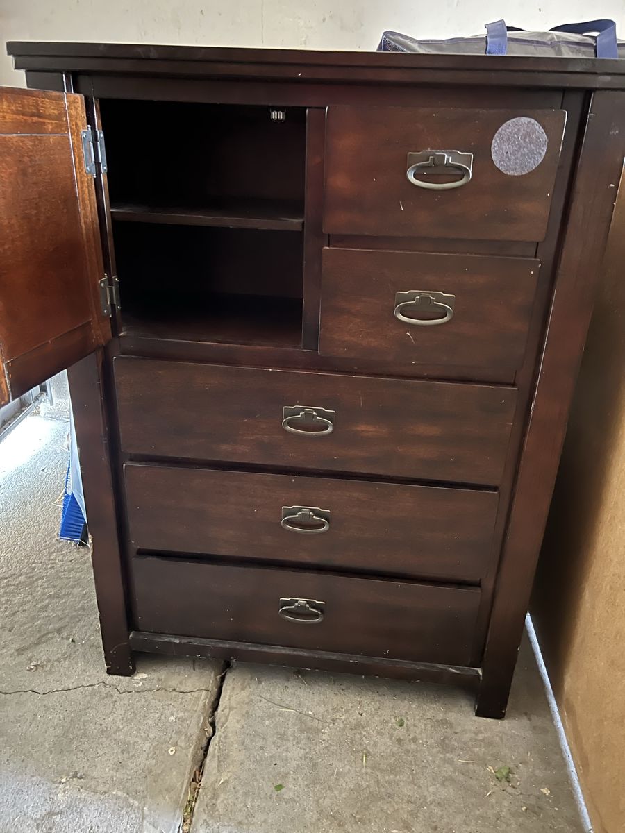 Dark Wood Dresser/Armoire with 5 Drawers & Side Cabinet Storage