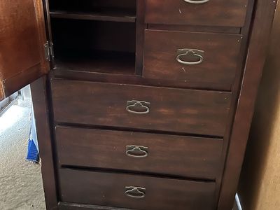 Dark Wood Dresser/Armoire with 5 Drawers & Side Cabinet Storage