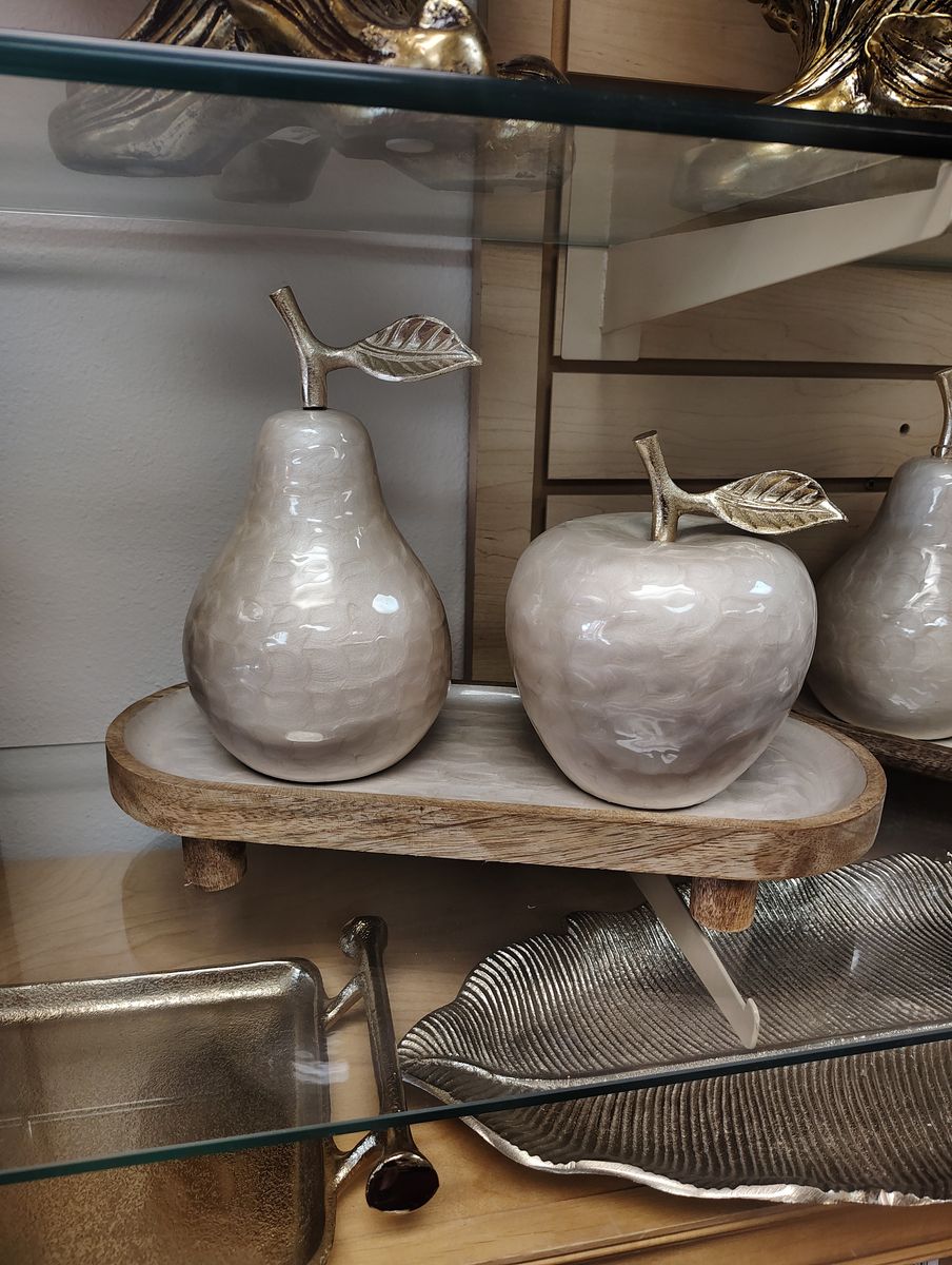 3pc Home Decoration set  ( NEW ) 1 Pears, 1 Apple & 1 Tray. Beige / Gold. Porcelain _ Metal _ bamboo