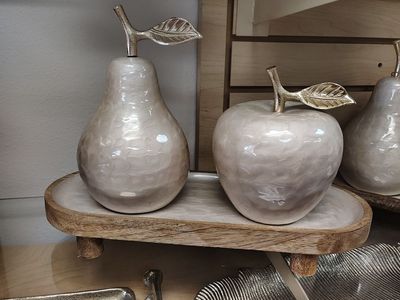 3pc Home Decoration set ( NEW ) 1 Pears, 1 Apple & 1 Tray. Beige / Gold. Porcelain _ Metal _ bamboo