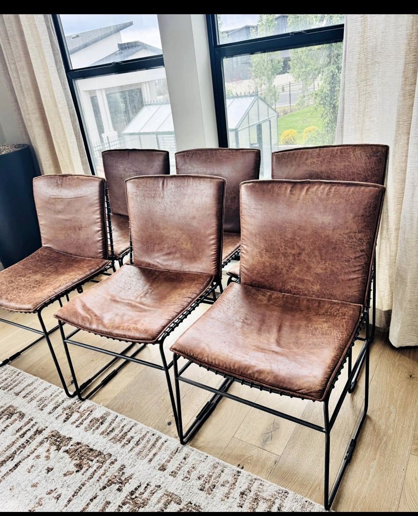 Set Of Six Designer Chairs Metal Frame Brown Seat