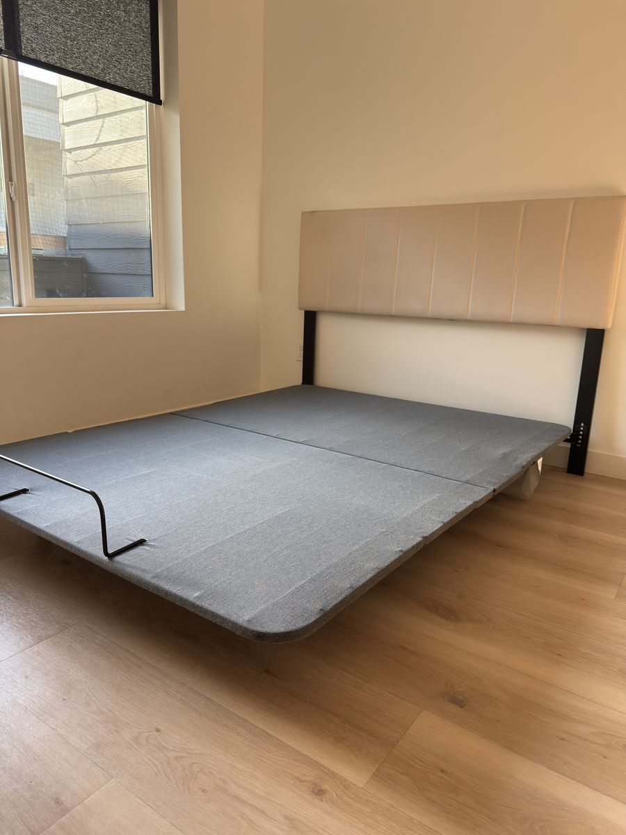 Queen Size Adjustable Bed Base with Beige Upholstered Headboard