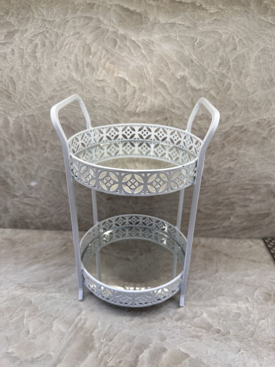 White Metal 2-Tier Mirrored Vanity Tray Organizer with Handles