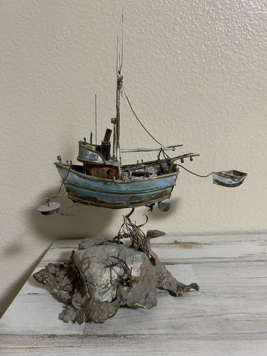 Handcrafted Mixed Media Boat Sculpture Rustic Nautical Art Decor Patina Finish
