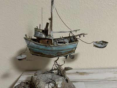 Handcrafted Mixed Media Boat Sculpture Rustic Nautical Art Decor Patina Finish